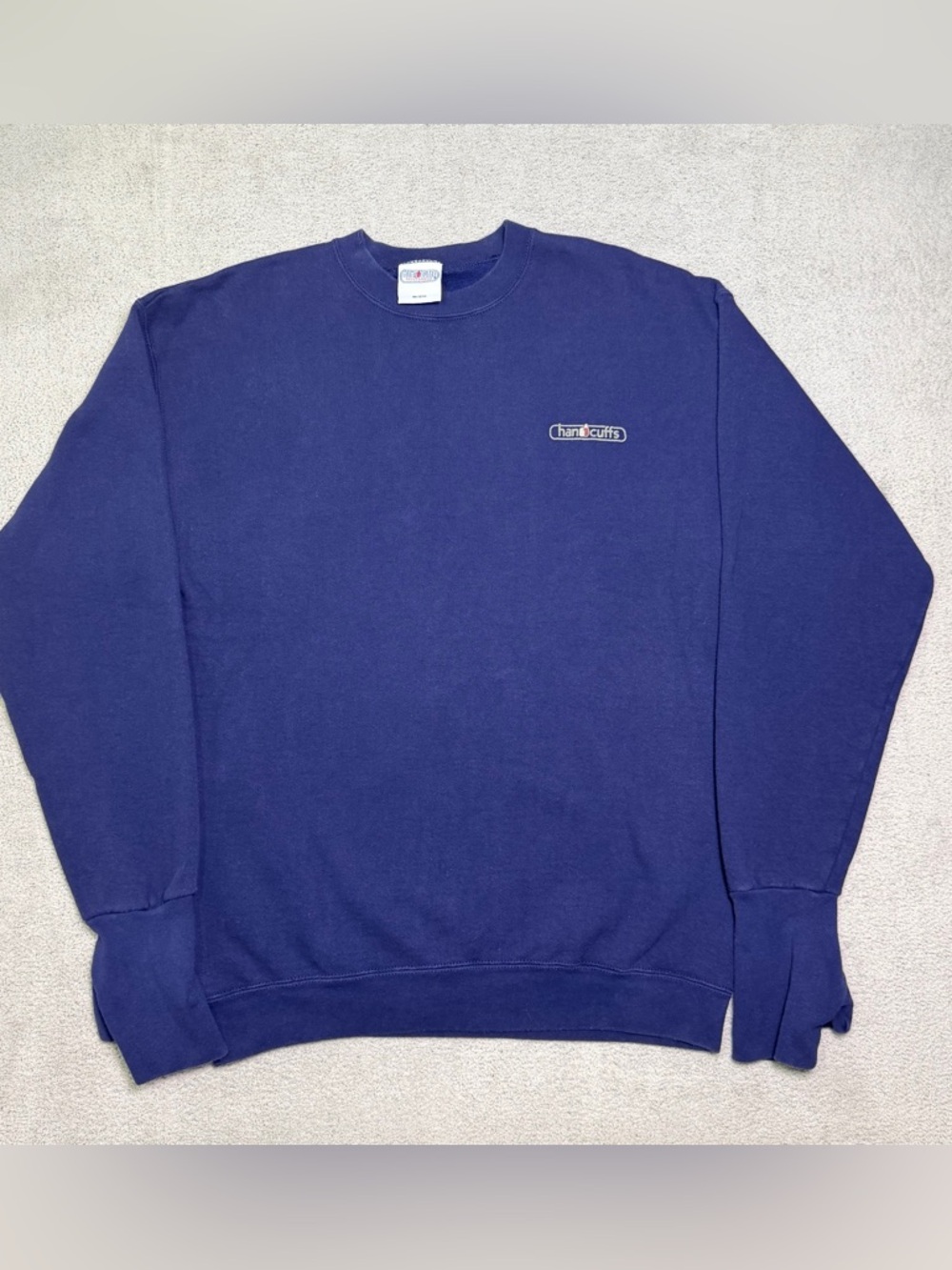 Vintage Handcuff Sweatshirt Mens M Blue Crew Neck Pullover USA Made Glove Sleeve